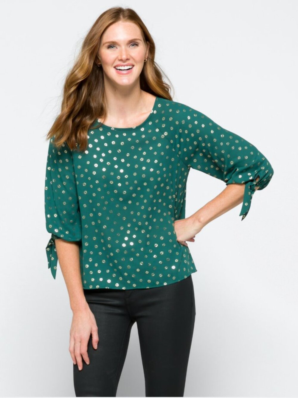 Papermoon Larie Teal Green Gold Foil Dot Tie Sleeve Blouse | Size M